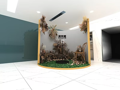 Indoor Decorative Corner With Plants Wooden Chair Green Gray Walls And White Tile Floor 3d model