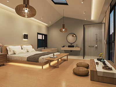 Hotel Guest Room Interior Featuring Wooden Flooring Rattan Pendant Lights Round Mirror And Large Bed 3d model