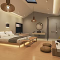 Hotel Guest Room Interior Featuring Wooden Flooring Rattan Pendant Lights Round Mirror And Large Bed