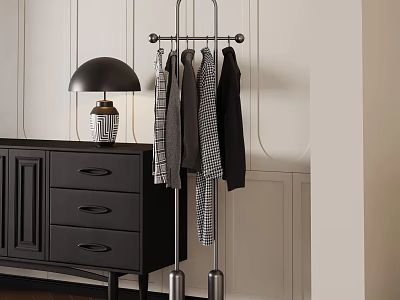 Metal Clothing Rack With Clothes Near Dark Cabinet And Lamp 3d model