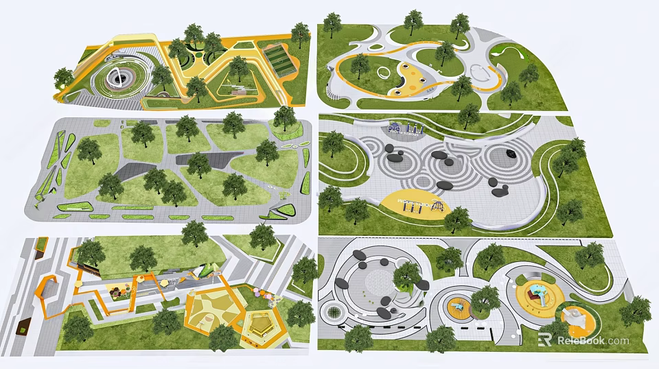 Park Landscape Design With Green Spaces Curved Paths Recreational Areas And Play Zones 3d model 