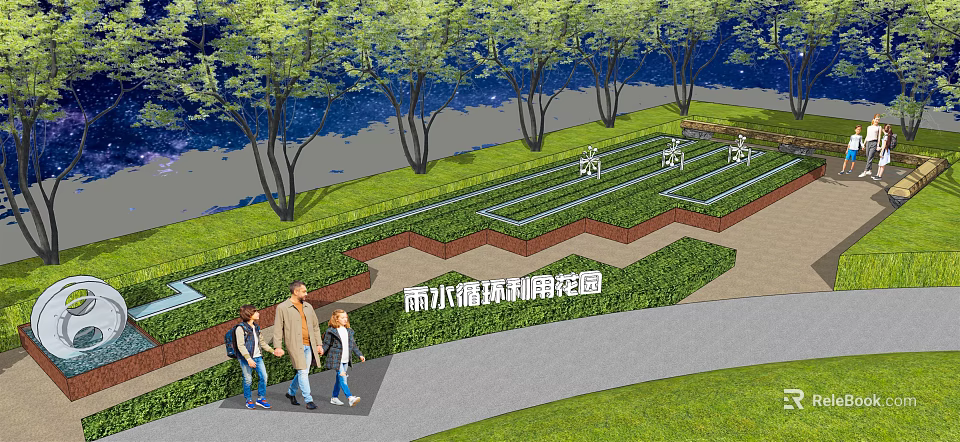 Scenic Park Landscape With Rainwater Recycling Garden Trees Lawn Pathway And People Walking 3d model 