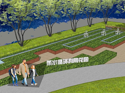 Scenic Park Landscape With Rainwater Recycling Garden Trees Lawn Pathway And People Walking 3d model