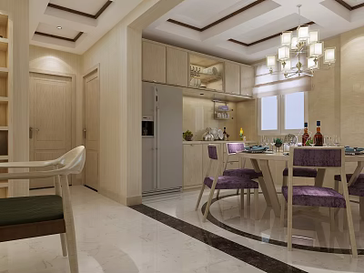 Modern Dining Room Interior With Dining Table Purple Chairs Chandelier And Cabinets 3d model