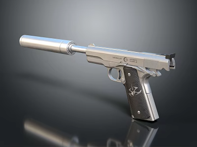 Modern Silver Semi Automatic Pistol With Suppressor And Textured Grip 3d model