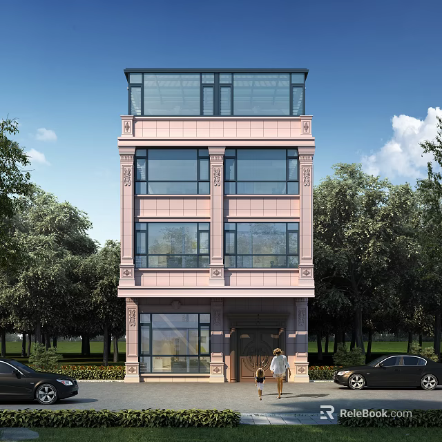 Pink Exterior Detached Villa Surrounded By Trees Glass Rooftop Large Windows And Front Lawn 3d model 