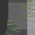 Green Leisure Chair With Orange Round Decor Dark Wall Green Plants And Glass Partition