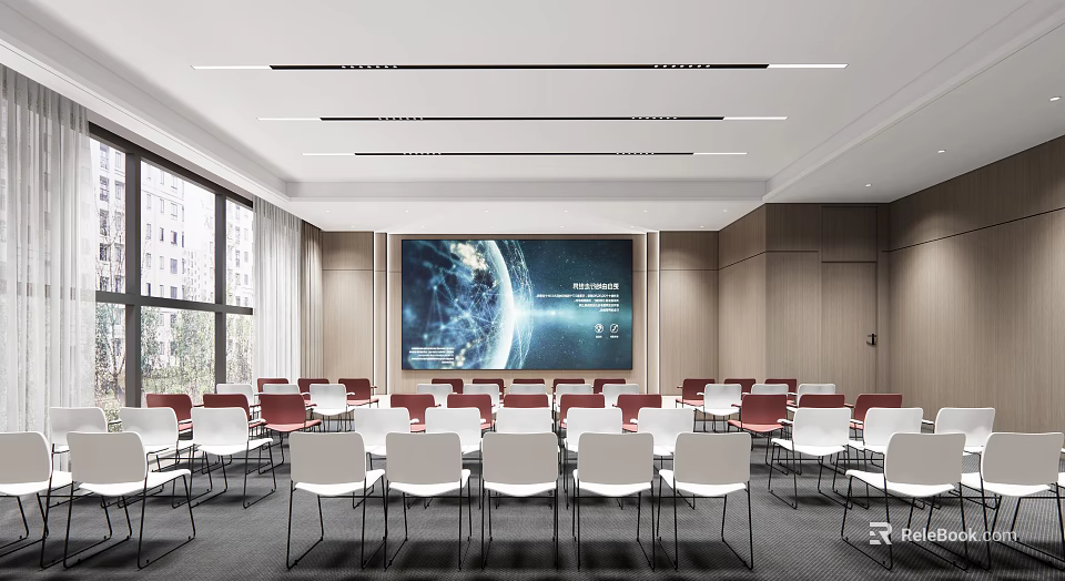 Modern Conference Room Interior With Large Screen Comfortable Chairs And Bright Windows 3d model