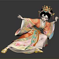 Ancient Chinese Dancer Figure in Colorful Embroidered Robe with Ornate Golden Headdress and Dynamic Pose