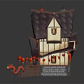 Cartoon Chinese Traditional House With Curved Roof Red Lanterns Dragon Decorations And Wooden Stairs
