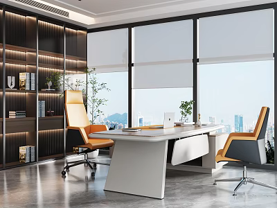 Modern White Office Desk With Yellow Office Chairs Large Windows Bookshelf And Indoor Plants 3d model
