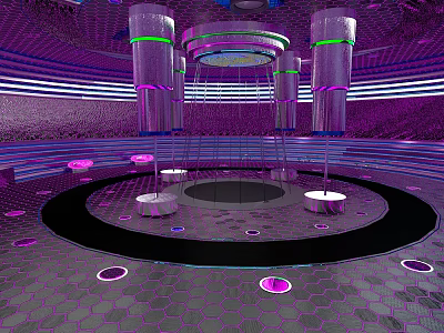 Futuristic Sci Fi Landscape With Circular Platform Glowing Pillars Hexagonal Ground And Purple Light Rings 3d model