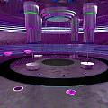 Futuristic Sci Fi Landscape With Circular Platform Glowing Pillars Hexagonal Ground And Purple Light Rings