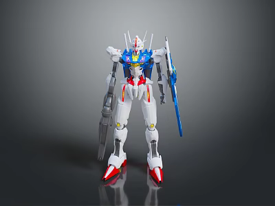 White Blue Red Mecha Robot Character With Shield And Sword Standing On Reflective Gray Background 3d model