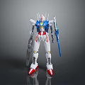 White Blue Red Mecha Robot Character With Shield And Sword Standing On Reflective Gray Background