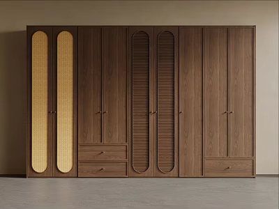 Wooden Wardrobe with Rattan Panels Vertical Slats and Drawers Modern Minimalist Natural Design 3d model