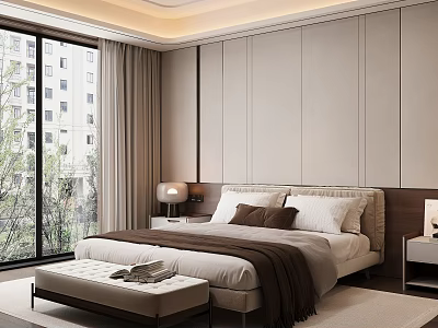 Modern Bedroom Interior With Large Bed Headboard Nightstand Table Lamp And Curtains 3d model