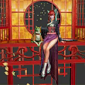 Red Haired Woman In Traditional Purple Dress With Cat On Red Chinese Architecture Platform