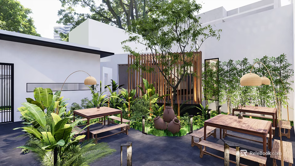 Outdoor Restaurant Patio With Wooden Tables Benches Greenery Trees Clay Pots White Building Lantern Lights 3d model 