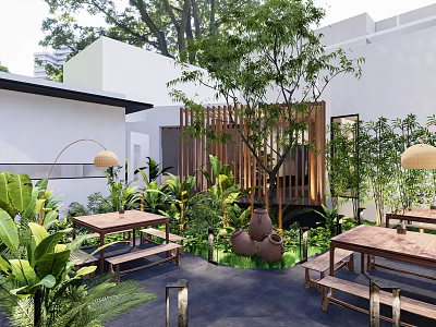 Outdoor Restaurant Patio With Wooden Tables Benches Greenery Trees Clay Pots White Building Lantern Lights 3d model