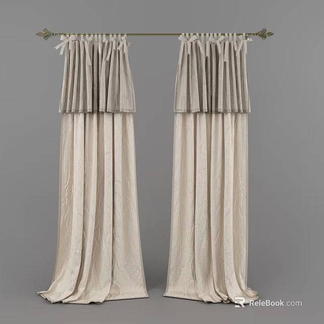 Elegant Beige Curtains with Pleated Top and Flowing Velvet Fabric Design 3d model 