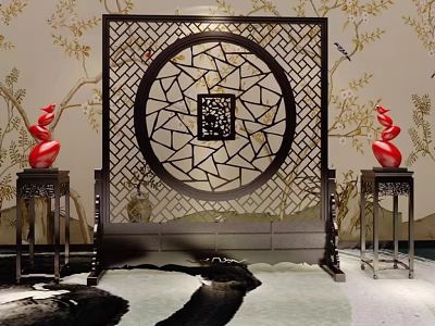 Chinese Traditional Partition With Circular Lattice Design And Red Ornaments On Side Tables 3d model
