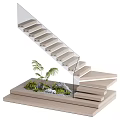 Modern Staircase With Glass Railing Wooden Steps And Small Plants Stones At Base