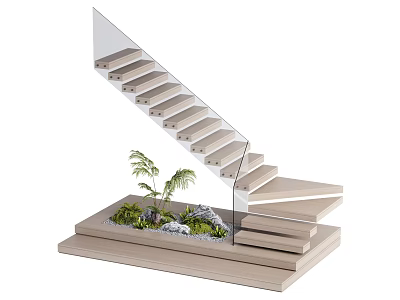 Modern Staircase With Glass Railing Wooden Steps And Small Plants Stones At Base 3d model