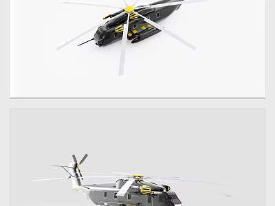 Detailed Helicopter Model in Black and Gray with Rotors Cabin and Landing Gear 3d model