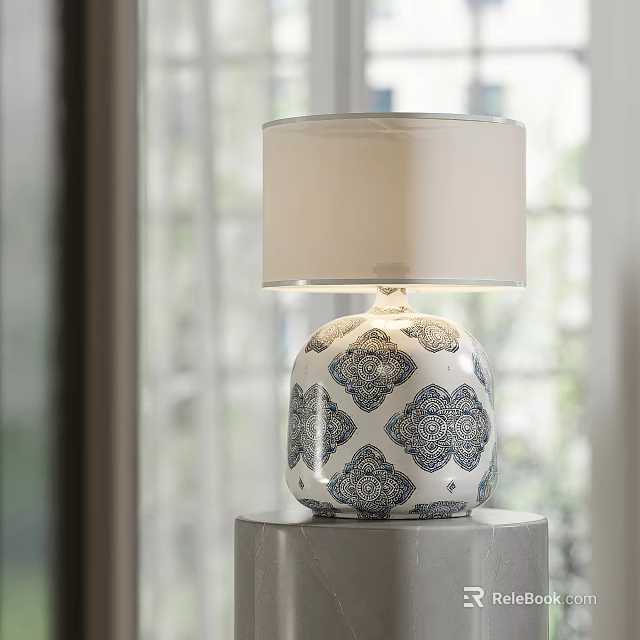 Elegant Table Lamp With Blue And White Patterned Base And White Lampshade 3d model