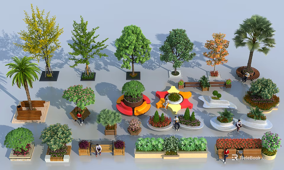 Diverse Tree Planters Featuring Different Trees Colorful Structures And Garden Seating Areas 3d model