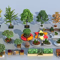Diverse Tree Planters Featuring Different Trees Colorful Structures And Garden Seating Areas 3d model
