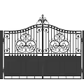 Elegant Black Wrought Iron Entrance Gate With Ornate Design Double Door And Flanking Pillars