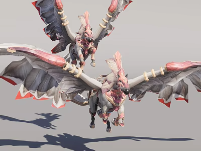 Mythical Winged Reptile Creatures With Ornate Pink And White Flying Wings 3d model