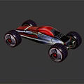Red And Silver Futuristic Racing Car Streamlined Body With Large Red Rimmed Wheels Reflective Surface