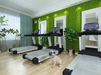 Indoor Fitness Gym With Treadmills Green Plant Wall Potted Plants And Wooden Floor 3d model