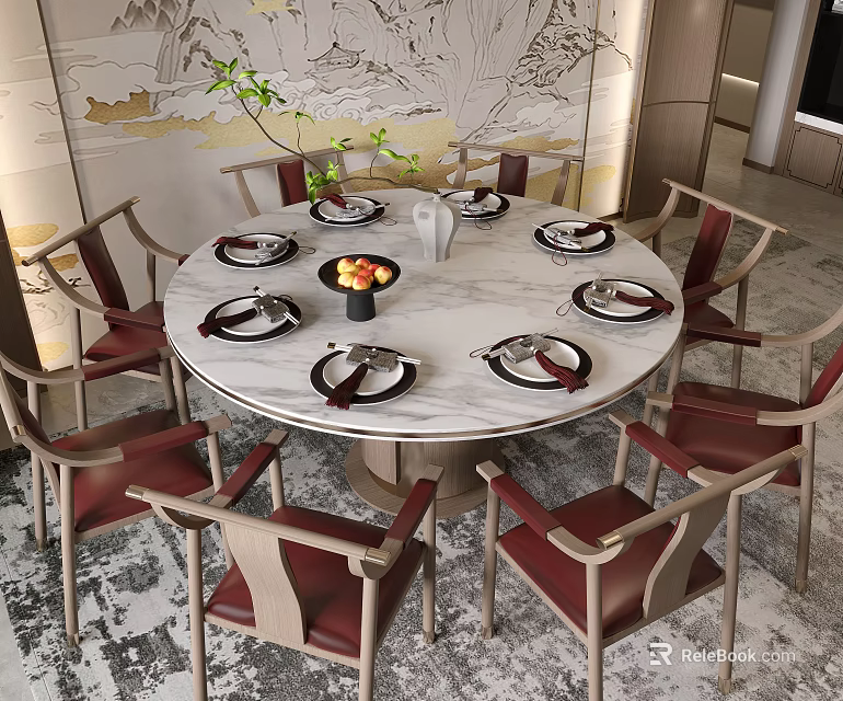 Modern Round Marble Top Dining Table Set With Red Upholstered Wooden Chairs And Tableware 3d model
