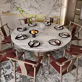 Modern Round Marble Top Dining Table Set With Red Upholstered Wooden Chairs And Tableware 3d model