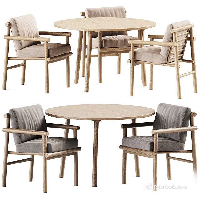 Round Wooden Dining Table With Upholstered Chairs And Light Wood Frame Design 3d model 