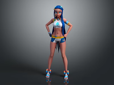 Stylish Game and Movie Character With Blue Hair White Top Blue Shorts And Colorful Shoes 3d model