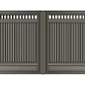 Modern Symmetric Gray Gates With Vertical Slats And Top Grilles Design