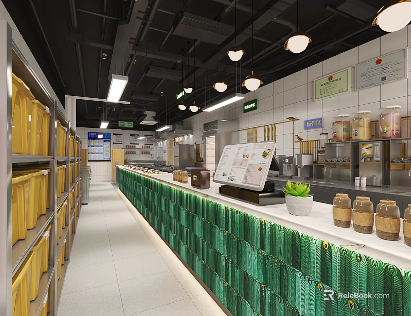 Commercial Kitchen Interior With Stainless Steel Shelves Green Decoration Spice Jars And Menu Board 3d model 