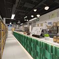 Commercial Kitchen Interior With Stainless Steel Shelves Green Decoration Spice Jars And Menu Board