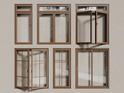 Modern Casement Windows Featuring Wooden Frames Various Styles And Open Closed Positions 3d model