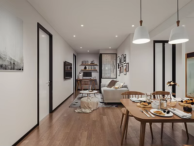 Modern Open Living And Dining Room Interior With Wooden Flooring Dining Table Sofa Pendant Lights 3d model