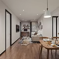 Modern Open Living And Dining Room Interior With Wooden Flooring Dining Table Sofa Pendant Lights