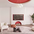 Modern Living Room With Red Circular Chandelier Large Decorative Painting And Sofa With Cushions