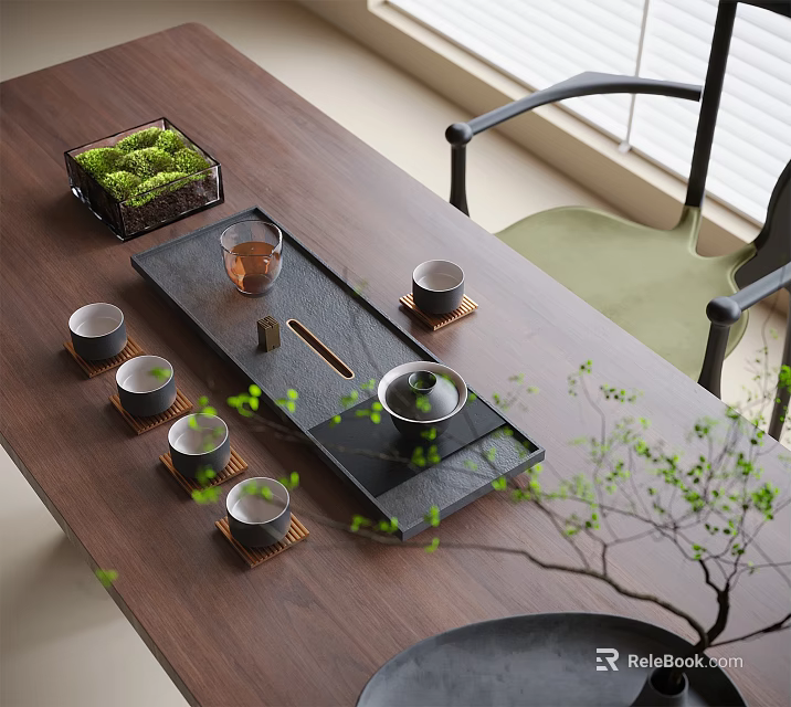Modern Wooden Table With Tea Set Tray Cups Moss And Green Plants 3d model 