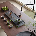 Modern Wooden Table With Tea Set Tray Cups Moss And Green Plants