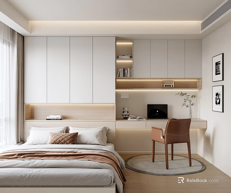 Modern Minimalist Tatami Bedroom Interior With White Cabinets Desk Chair Plant And Bookshelf 3d model 